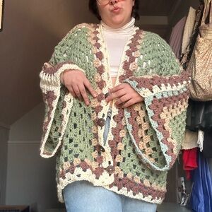 Handmade granny, Square cardigan, sage, green with brown buttons